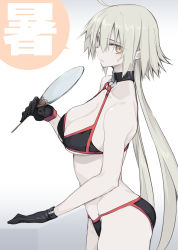 10mo 1girl bikini black_gloves breasts cleavage closed_mouth fate/grand_order fate_(series) gloves grey_hair hair_between_eyes hand_fan highres holding holding_fan jeanne_d&#039;arc_alter_(fate) jeanne_d&#039;arc_alter_(swimsuit_berserker)_(fate) long_hair looking_at_viewer medium_breasts o-ring o-ring_bikini pale_skin simple_background solo sweat swimsuit very_long_hair yellow_eyes