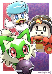 Rule 34 | :3, :d, absurdres, bird, black eyes, blue eyes, blue hair, border, cat, clothed pokemon, commentary request, cosplay, fangs, food, fuecoco, goggles, goggles on headwear, happy, helmet, highres, holding, holding food, holding sandwich, looking at viewer, nintendo, no humans, open mouth, outside border, partial commentary, pokemon, pokemon (creature), pokemon focus, pokemon sv, purple background, quaxly, red background, red eyes, sandwich, short hair, signature, smile, sprigatito, star-shaped eyewear, star (symbol), starter pokemon trio, team star grunt, team star grunt (cosplay), tera orb, twitter username, two-tone background, watagashikn, white border, white helmet