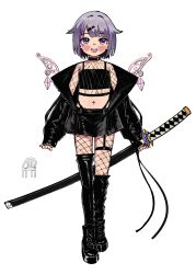 Rule 34 | 1girl, alternate costume, alternate hair length, alternate hairstyle, asymmetrical legwear, black boots, black jacket, black nails, black shorts, black thighhighs, boots, commentary, crop top, english commentary, fishnet pantyhose, fishnets, full body, highres, hololive, hololive english, jacket, jewel under eye, katana, kitavana, koseki bijou, meme, metal wings, navel, open mouth, pantyhose, purple eyes, purple hair, short hair, shorts, simple background, solo, standing, sword, thighhighs, vergil&#039;s chair (meme), virtual youtuber, weapon, white background
