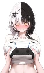 2girls absurdres arms_behind_back black_hair blush breasts closed_mouth commentary controller_shirt cropped_shirt english_commentary fingernails game_controller_nipples_(meme) game_controller_print grabbing_another&#039;s_breast groping hair_ornament hetero highres hololive hololive_english large_breasts looking_down meme midriff multicolored_hair multiple_girls nervous_smile nose_blush pink_nails pov pov_hands prab print_shirt shiori_novella shirt simple_background smile solo_focus split-color_hair streaked_hair two-tone_hair v-shaped_eyebrows virtual_youtuber white_background white_hair yellow_eyes