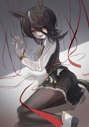 1girl absurdres alternate_hair_length alternate_hairstyle animal_ears bags_under_eyes black_eyeliner black_pantyhose black_skirt black_vest bound bound_wrists buckwheat638478 collared_shirt earrings english_text engrish_text eyeliner hair_between_eyes highres horse_ears horse_girl horse_tail jewelry long_bangs long_hair_between_eyes long_sleeves makeup manhattan_cafe_(umamusume) medium_hair necktie open_mouth pantyhose ranguage ring shirt single_earring sitting skirt smile solo tail thighs umamusume variant_set vest white_footwear white_shirt wolf_cut yellow_eyes yellow_necktie