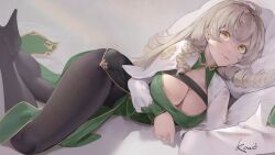 1girl andrea_doria_(azur_lane) antenna_hair azur_lane black_pantyhose breasts cleavage commentary dress drill_hair green_dress hair_between_eyes high_heels highres large_breasts long_hair long_sleeves looking_at_viewer lying on_side pantyhose pelvic_curtain sardegna_empire_(emblem) signature solo taut_clothes taut_dress twin_drills very_long_hair yellow_eyes zhifu3711