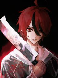 2boys ahoge black_background black_hair blood blood_on_clothes blood_on_face blood_on_hands blood_splatter closed_mouth hands_up highres holding holding_knife holding_weapon knife looking_at_viewer male_focus messy_hair multicolored_hair multiple_boys open_mouth pink_eyes red_background red_eyes red_hair shion_(hundred_line) simple_background smile sumino_takumi takumi-g_(hundred_line) the_hundred_line_-last_defense_academy- transparent weapon white_hair yough42