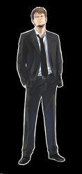 1boy absurdres black_background brown_hair cing formal_clothes grey_eyes highres hotel_dusk jpeg_artifacts kyle_hyde male_focus necktie official_art short_hair simple_background solo standing suit watermark