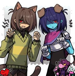 ! +++ 1boy 1girl 2others ? absurdres anger_vein animal_ears armor armored_gloves black_shirt blush_stickers bob_cut border bracelet brown_hair brown_pants brown_tail cat_ears cat_tail chinese_commentary collared_shirt colored_sclera colored_skin colored_teeth commentary_request cowboy_shot deltarune dog_ears dog_tail dual_persona fang furry furry_female furry_male glasses gloves goat_boy green-framed_eyewear green_sweater grey_background grin hair_over_one_eye hands_up heart highres horns index_finger_raised jewelry kemonomimi_mode kris_(dark_world)_(deltarune) kris_(deltarune) layered_sleeves long_hair long_sleeves looking_at_viewer lower_teeth_only medium_hair multiple_others one_eye_covered open_mouth other_focus outline outside_border pants paw_pose pink_eyes pink_horns pink_scarf pink_skin puffy_long_sleeves puffy_sleeves purple_hair purple_scarf ralsei red_eyes reptile_girl round_eyewear scarf shaded_face sharp_teeth shio_0585 shirt shoulder_armor simple_background single_blush_sticker smile soul_(deltarune) sparkle standing striped_clothes striped_scarf striped_sweater susie_(dark_world)_(deltarune) susie_(deltarune) sweater tail teeth tongue two-tone_sweater white_armor white_border white_fur white_gloves white_outline yellow_sclera yellow_sweater yellow_teeth