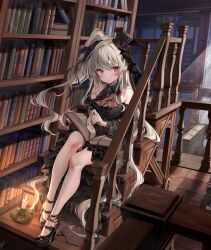 1girl bare_shoulders black_dress blush book bookshelf candle detached_sleeves dress frilled_dress frilled_sleeves frills full_body grey_hair hat highres holding holding_book kakao_rantan lolita_fashion long_hair looking_at_viewer mini_hat original red_eyes sitting smile solo very_long_hair wide_sleeves