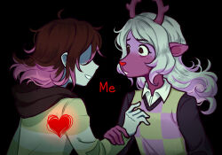 1girl 1other animal_ears antlers blonde_hair brown_hair colored_skin deer_antlers deer_ears deer_girl deltarune drawthiere furry furry_female heart highres horns kris_(deltarune) long_hair long_sleeves noelle_holiday noelle_holiday_(dark_world) possessed reindeer_girl shirt soul_(deltarune) teeth vessel_(deltarune) weird_route_(deltarune)