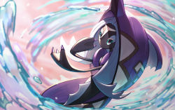 blurry claws commentary_request gen_7_pokemon green_eyes legendary_pokemon long_hair naoki_eguchi nintendo no_humans outdoors pokemon pokemon_(creature) solo tapu_fini water water_drop