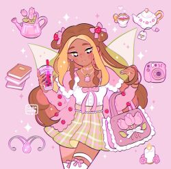 +_+ 1girl adapted_costume artist_name bag blonde_hair blush_stickers book book_stack bow bow_legwear bowtie braid breasts brown_hair bubble_tea buttons camera candle cleavage closed_mouth collared_jacket commentary cowboy_shot cup dark-skinned_female dark_skin disposable_cup double_bun dress_shirt drink drinking_straw english_commentary eyeshadow fairy fire flora_(winx_club) floral_print flower flower_necklace food-themed_hair_ornament forehead fur_jacket green_eyes green_skirt gyaru hair_bow hair_bun hair_ornament handbag happy high-waist_skirt holding holding_drink holding_own_hair jacket jewelry leaphere lipstick long_hair long_sleeves looking_at_viewer makeup multicolored_hair nail_polish necklace open_clothes open_jacket pink_background pink_bag pink_bow pink_bowtie pink_eyeshadow pink_flower pink_jacket pink_lips pink_nails pink_rose plaid_clothes plaid_skirt pleated_skirt rose shirt side_braids sidelocks simple_background skirt smile solo sparkle sparkling_eyes strawberry_hair_ornament streaked_hair tea teacup teapot thick_eyebrows thigh_strap thighhighs tulip twin_braids two-tone_hair very_long_hair watering_can watermark white_shirt white_thighhighs winx_club