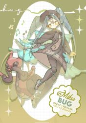 1girl :o blue_eyes blue_hair brown_dress brown_footwear brown_necktie brown_pantyhose bug bug_miku_(project_voltage) character_name closed_eyes doll_joints dress facial_hair full_body gen_4_pokemon hair_between_eyes hair_through_headwear hatsune_miku highres joints kricketune long_hair long_sleeves looking_to_the_side mustache myun_(myun_art) necktie nintendo pantyhose pokemon pokemon_(creature) project_voltage simple_background standing twintails vocaloid