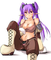 1girl black_bow black_panties blush boots bow breasts brown_jacket brown_pants brown_tank_top cleavage commentary_request crop_top expressionless foot_out_of_frame fur-trimmed_sleeves fur_trim gunslinger_(ragnarok_online) hair_between_eyes hair_bow jacket jacket_partially_removed kaminagi_(kaminagi-tei) lace-up_boots large_breasts long_bangs long_hair long_sleeves looking_at_viewer navel open_clothes open_fly open_jacket open_mouth panties pants pink_panties pointy_ears purple_hair ragnarok_online red_eyes simple_background sitting solo striped_clothes striped_panties sweat tank_top twintails underwear white_background white_boots