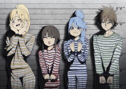 1boy 3girls aqua_(konosuba) blue_pants blue_shirt blush brown_hair closed_eyes closed_mouth commentary_request cowboy_shot cuffs darkness_(konosuba) facing_viewer frown green_pants green_shirt handcuffs hands_on_own_cheeks hands_on_own_face height_chart highres izawa_(bhive003) kono_subarashii_sekai_ni_shukufuku_wo! lineup long_hair long_sleeves looking_at_viewer megumin multiple_girls open_mouth pants prison_clothes red_pants red_shirt satou_kazuma shirt short_hair sidelocks smile striped_clothes striped_pants striped_shirt tearing_up tongue tongue_out yellow_pants yellow_shirt