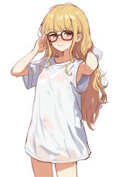 1girl adjusting_eyewear blonde_hair blush breasts closed_mouth covered_navel cowboy_shot drying drying_hair fang fang_out fujita_kotone gakuen_idolmaster glasses hand_up holding holding_towel ideolo idolmaster long_hair looking_at_viewer nose_blush oversized_clothes oversized_shirt shirt skin_fang small_breasts solo standing towel wavy_mouth wet wet_hair white_shirt yellow_eyes