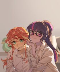 2girls aegyo_sal aqua_eyes backlighting black-framed_eyewear black_hair blonde_hair blunt_bangs chinese_commentary closed_mouth collared_shirt colored_skin commentary_request deadbirdorzcr glasses grey_skin grin hair_between_eyes hand_on_own_chin hand_up high_ponytail highres indoors long_hair long_sleeves looking_at_viewer multicolored_hair multiple_girls my_little_pony my_little_pony:_equestria_girls my_little_pony:_friendship_is_magic official_alternate_hairstyle pink_eyes pink_hair ponytail purple_hair rectangular_eyewear red_hair sci-twi shirt sidelocks smile straight_hair streaked_hair stuffed_animal stuffed_duck stuffed_toy sunset_shimmer sunset_shimmer_(human) twilight_sparkle two-tone_hair upper_body wavy_hair