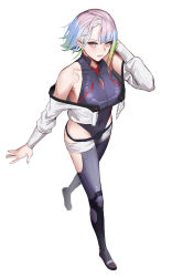 Rule 34 | 1girl, absurdres, anoreika tomoe, bare hips, bare shoulders, breasts, closed mouth, cyberpunk, cyberpunk (series), cyberpunk edgerunners, cyborg, eyeliner, full body, highleg, highleg leotard, highres, jacket, leotard, lucy (cyberpunk), makeup, multicolored hair, narrow hips, off-shoulder jacket, off shoulder, red eyeliner, red lips, short hair, simple background, sleeveless turtleneck leotard, solo, walking, white background, white hair