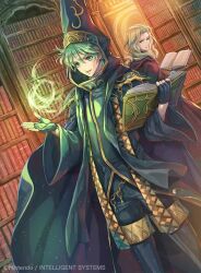 2boys arlen_(fire_emblem) bisaiiiii blonde_hair book bookshelf cape commentary_request company_name fingerless_gloves fire_emblem fire_emblem:_mystery_of_the_emblem fire_emblem_cipher gloves green_eyes green_hair holding holding_book hood indoors library long_hair magic male_focus merric_(fire_emblem) multiple_boys nintendo official_art open_book short_hair wide_sleeves