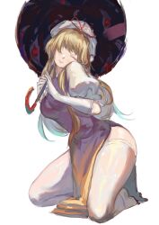 Rule 34 | 1girl, absurdres, alternate costume, alternate hair color, aqua hair, artistic error, bad perspective, blonde hair, breasts, china dress, chinese clothes, chinese commentary, closed eyes, commentary request, dress, facing viewer, gap (touhou), gradient hair, grin, hair over one eye, hat, hat ribbon, head tilt, highres, hip focus, holding, holding umbrella, kneeling, long hair, medium breasts, mob cap, multicolored hair, parted lips, pelvic curtain, puffy short sleeves, puffy sleeves, purple dress, red eyes, red ribbon, ribbon, shiny skin, short sleeves, simple background, smile, solo, thick thighs, thighhighs, thighs, touhou, umbrella, wb yimo, white background, white sleeves, white thighhighs, yakumo yukari
