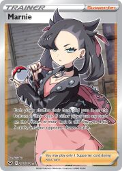 1girl aqua_eyes artist_name asymmetrical_bangs black_choker black_hair black_jacket black_nails card_(medium) character_name choker company_name copyright_name copyright_notice dress earrings english_text hair_ribbon holding holding_poke_ball jacket jewelry kirisaki_(gin16k) leather leather_jacket long_hair long_sleeves marnie_(pokemon) nail_polish nintendo official_art open_clothes open_jacket pink_dress poke_ball poke_ball_(basic) pokemon pokemon_card pokemon_swsh pokemon_tcg red_bag red_ribbon ribbon solo third-party_source trading_card twintails undercut