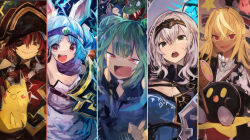 5girls :d absurdres animal_ears bicorne blonde_hair blue_hair bomb breasts circlet cleavage closed_mouth column_lineup cosplay crocodilian crossover dark-skinned_female dark_elf dark_skin donkey_kong_(series) donkey_kong_country double_bun dragon_quest electricity elf eva_01 explosive eyepatch fang gen_1_pokemon green_hair hair_between_eyes hair_bun hammer hat highres hololive hololive_fantasy houshou_marine hylian_shield kaamin_(mariarose753) king_k._rool kirby kirby_(series) link link_(cosplay) looking_at_viewer multiple_crossover multiple_girls neon_genesis_evangelion nintendo open_mouth pikachu pirate_hat pointy_ears pokemon rabbit_ears red_hair roto roto_(cosplay) roto_(dq3) sharp_teeth shield shiranui_flare shirogane_noel silver_hair skin_fang smile super_smash_bros. teeth the_legend_of_zelda the_legend_of_zelda:_breath_of_the_wild uruha_rushia uruha_rushia_(1st_costume) usada_pekora virtual_youtuber
