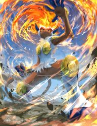 Rule 34 | blue eyes, body fur, brown fur, clenched hand, colored sclera, debris, ekaki panda, fiery hair, gen 4 pokemon, highres, infernape, monkey, nintendo, pokemon, pokemon (creature), standing, white fur, yellow sclera