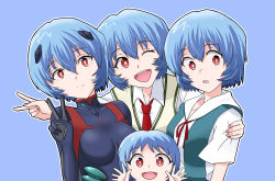3clones 4girls ayanami_rei black_bodysuit blue_background blue_hair bodysuit clone clones evangelion:_3.0+1.0_thrice_upon_a_time evangelion:_3.0_you_can_(not)_redo highres mecha_pilot_suit multiple_girls neon_genesis_evangelion open_mouth plugsuit_(evangelion) rebuild_of_evangelion red_eyes short_hair teeth the_end_of_evangelion v