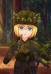 Rule 34 | 2020, black gloves, blonde hair, blue eyes, bush, camouflage, combat helmet, dated, forest, gloves, gun, gun sling, handgun, helmet, highres, keionspiral, load bearing vest, luger p08, medium hair, mp40, nature, original, semi-rimless eyewear, stick grenade, straight-on, submachine gun, tree, weapon, world war ii