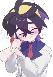 1boy blue_shirt blush closed_eyes collared_shirt colored_inner_hair commentary_request creatures_(company) crossed_bangs disembodied_hand game_freak gloves hair_between_eyes hairband hand_on_another&#039;s_head hands_up happy heart highres jacket kieran_(pokemon) long_sleeves male_focus multicolored_hair na8_8n necktie nintendo pokemon pokemon_sv red_necktie shirt single_glove white_jacket yellow_hairband