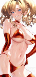 1girl absurdres alternate_costume bare_shoulders bikini blonde_hair blue_eyes blush braid breasts choker cleavage collarbone gloves granblue_fantasy grin hairband highres large_breasts long_hair looking_at_viewer navel red_bikini red_gloves red_thighhighs sideboob sidelocks smile solo stomach swimsuit thighhighs twintails ulrich_(tagaragakuin) underboob variant_set zeta_(granblue_fantasy)