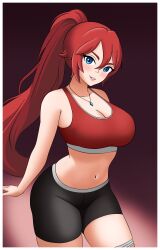 1girl bike_shorts black_shorts blue_eyes blush borrowed_character breasts canadiananiguy cleavage gloves highres jewelry large_breasts long_hair looking_at_viewer mcarthur1010 navel necklace original ponytail red_hair red_sports_bra shorts simple_background smile solo sports_bra