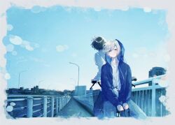 2boys absurdres amenojaku black_hair blue_eyes blue_hoodie blue_theme blush cat chromatic_aberration closed_mouth commentary_request drawstring frown highres hood hood_up hoodie looking_at_viewer male_focus multiple_boys open_clothes open_hoodie original outdoors scenery shirt short_hair signature white_hair white_shirt