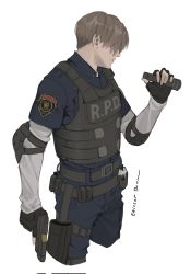 Rule 34 | 1boy, artist name, belt, black gloves, blonde hair, blue shirt, bulletproof vest, collared shirt, cowboy shot, cropped legs, elbow pads, ericson blum, facing to the side, fingerless gloves, flashlight, gloves, gun, h&amp;k vp70, hair over eyes, handgun, highres, holding, holding flashlight, holding gun, holding weapon, holster, leon s. kennedy, long sleeves, male focus, police, police uniform, resident evil, resident evil 2, resident evil 2 (remake), shirt, shirt under shirt, short hair, short sleeves, solo, utility belt, weapon, white background