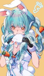1girl absurdres animal_ears biting biting_clothes black_gloves black_leotard blue_hair bow braid breasts carrot_hair_ornament cleavage closed_mouth coat_dress commentary_request don-chan_(usada_pekora) dress food-themed_hair_ornament fur-trimmed_gloves fur_trim gloves hair_bow hair_ornament highres holding holding_own_hair hololive leotard leotard_under_clothes looking_at_viewer multicolored_hair orange_background orange_eyes rabbit-shaped_pupils rabbit_ears rabbit_girl rabbit_tail short_eyebrows small_breasts solo standing symbol-shaped_pupils tail thick_eyebrows twin_braids two-tone_hair upper_body usada_pekora usada_pekora_(1st_costume) virtual_youtuber white_bow white_dress yuutarou_(fukiiincho)