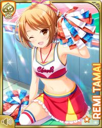1girl ;d brown_eyes brown_hair card_(medium) cheerleader collarbone day fence girlfriend_(kari) kneeling looking_at_viewer low_twintails midriff navel official_art one_eye_closed open_mouth outdoors pleated_skirt pom_pom_(cheerleading) ponytail qp:flapper red_skirt school school_uniform shirt skirt smile socks solo stadium tagme tamai_remi twintails white_shirt