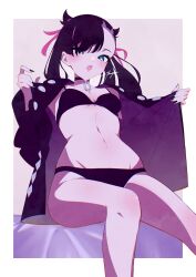 1girl :o absurdres aqua_eyes asymmetrical_bangs black_bra black_choker black_hair black_jacket black_nails black_panties bra choker hair_ribbon highres jacket marie_(pixiv59672544) marnie_(pokemon) nintendo open_mouth panties pokemon pokemon_swsh ribbon sitting solo underwear