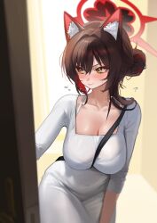 1girl absurdres alternate_costume animal_ears averting_eyes between_breasts blue_archive blush bra_strap breasts brown_hair colored_inner_hair commentary daehoak dongtan_dress dress flustered fox_ears fox_girl hair_bun halo highres looking_to_the_side meme_attire multicolored_hair red_halo scoop_neck single_hair_bun strap_between_breasts sweatdrop symbol-only_commentary taut_clothes taut_dress tight_clothes tight_dress wakamo_(blue_archive) yellow_eyes