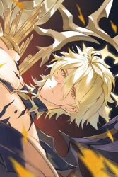 1boy absurdres alternate_form asymmetrical_wings black_shirt blonde_hair hair_between_eyes halo halo_behind_head hashtag-only_commentary highres honkai:_star_rail honkai_(series) kanangnsn male_focus material_growth phainon_(honkai:_star_rail) shirt short_hair sideways solo torn_clothes torn_shirt wings yellow_eyes