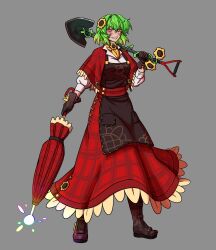 1girl absurdres adapted_costume apron black_apron blush capelet colored_tips commentary english_commentary flower flower_on_head full_body gloves green_hair grey_background highres holding holding_shovel holding_umbrella kazami_yuuka long_skirt multicolored_hair plaid_capelet plaid_clothes plaid_skirt red_capelet red_eyes red_skirt short_hair shovel simple_background skippeaccented skirt smile solo standing sunflower touhou umbrella