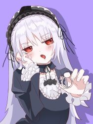 1girl black_headband blush commentary_request frilled_sleeves frills goth_fashion gothic_lolita hairband hand_in_own_hair headband jewelry lolita_fashion lolita_hairband long_hair looking_to_the_side open_mouth purple_background red_eyes ring rozen_maiden shadow simple_background solo spiritual_disor suigintou sweat tsundere white_hair
