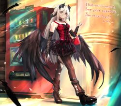1girl bag bird_wings black_eyes boots gloves handbag heterochromia highres indie_virtual_youtuber lace lace_gloves long_hair looking_at_viewer nemo_nevermore pantyhose rakasei5050 red_eyes smile torn_clothes torn_pantyhose vending_machine virtual_youtuber walking white_hair wings