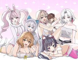 ahoge alice_(nikke) animal_ears animal_hood anis_(nikke) blue_eyes breasts brown_hair camisole cat_ears character_doll cleavage collarbone commander_(nikke) detached_collar drake_(nikke) goddess_of_victory:_nikke heterochromia highres hood horns lingerie long_hair multiple_girls n102_(miracle_fairy)_(nikke) n102_(nikke) navel nero_(nikke) open_mouth panties pink_hair pink_panties red_eyes short_hair sidelocks smile thigh_strap thighhighs twintails underwear viper_(nikke) warurock white_hair yellow_eyes