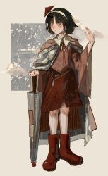 Rule 34 | 1other, amanomiya jun, androgynous, black hair, blue eyes, blue umbrella, blunt bangs, blunt ends, blush, boots, cape, cloud, collared shirt, commentary, english commentary, full body, grey background, grey cape, hairband, hand up, hatsburg, highres, holding, holding umbrella, japanese clothes, knees, layered shirt, len&#039;en, long sleeves, medium skirt, neck ribbon, oil-paper umbrella, other focus, palms, parted bangs, parted lips, patch, pink shirt, polka dot cape, red boots, red cape, red ribbon, red skirt, ribbon, rubber boots, shirt, short hair, skirt, solo, standing, two-sided cape, two-sided fabric, umbrella, umbrella hair ornament, vertical-striped cape, waist tassel, white hairband, white shirt, wide sleeves