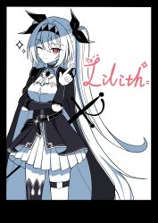 Rule 34 | 1girl, absurdres, alternate costume, arm under breasts, ascot, belt, black belt, black border, black cape, black choker, black dress, black hairband, black thighhighs, border, cape, character name, chest guard, choker, closed mouth, commentary, crown, dogari, dress, elbow pads, english commentary, groin, hair between eyes, hair ribbon, hairband, hand up, highres, index finger raised, lilith (the noexistencen of you and me), long hair, looking at viewer, mixed-language commentary, one eye closed, polaroid photo, rapier, red eyes, ribbon, simple background, single thighhigh, smile, solo, standing, star (symbol), sword, the noexistencen of you and me, thigh strap, thighhighs, thighs, twintails, very long hair, weapon, white ascot, white background, white hair