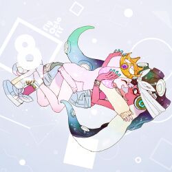 2girls akutsumi blush bracelet colored_extremities commentary_request crown eyelashes gradient_hair green_eyes grey_background headphones hug inkling jewelry looking_at_another marina_(splatoon) multicolored_hair multiple_girls nintendo octoling pearl_(splatoon) shoes simple_background sleeves_past_fingers sleeves_past_wrists splatoon_(series) splatoon_2 sweater tentacle_hair watch white_shoes white_sweater wristwatch yuri