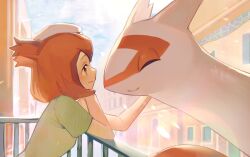 1girl =_(9_yawbus) balcony bianca_(pokemon_heroes) brown_hair closed_eyes commentary_request dragon gen_3_pokemon green_shirt highres latias legendary_pokemon looking_at_viewer multiple_girls nintendo outdoors pokemon pokemon_(anime) pokemon_(classic_anime) pokemon_(creature) pokemon_heroes:_latios_&amp;_latias shirt smile