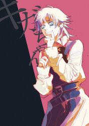 1girl bing_(gomatora5656) black_background black_dress blue_eyes chainsaw_man commentary_request crying crying_with_eyes_open dress fourth_east_high_school_uniform highres long_sleeves pinafore_dress pink_background ringed_eyes school_uniform shirt sleeveless sleeveless_dress solo tears translation_request two-tone_background white_hair white_haired_girl_(chainsaw_man) white_shirt