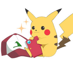baseball_cap black_eyes bright_pupils closed_mouth gen_1_pokemon hat holding nintendo no_humans pikachu pokedex pokemon pokemon_(anime) pokemon_(classic_anime) pokemon_(creature) simple_background sitting smile star_(symbol) white_background white_pupils