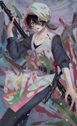 1boy apron bags_under_eyes belt beret black_eyes black_hair black_shirt fake_blood feet_out_of_frame grin hat head_tilt highres holding holding_behind_back holding_polearm holding_polearm_behind_back holding_weapon holding_weapon_behind_back k1ui1 knife_sheath limbus_company looking_at_viewer low_ponytail paint_on_body paint_on_clothes paint_splatter polearm ponytail project_moon ring_(identity)_(project_moon) sheath shirt smile solo swirl teardrop_facial_mark weapon white_apron yi_sang_(project_moon)