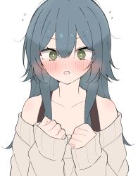 1girl :o bright_pupils clenched_hands collarbone commentary_request flying_sweatdrops gakuen_idolmaster green_eyes green_hair hair_flaps hidarite_no_hoosoku_(tdog) highres idolmaster long_hair long_sleeves looking_at_viewer off-shoulder_sweater off_shoulder simple_background solo sweater tsukimura_temari upper_body white_background white_pupils