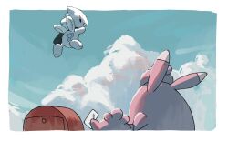 black_bag black_eyes border cloud commentary_request creatures_(company) day etsuko_pkmn flying game_freak gen_1_pokemon gen_2_pokemon highres igglybuff mailbox_(incoming_mail) nintendo no_humans outdoors pokemon pokemon_(creature) sky smile togetic white_border wigglytuff
