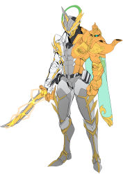 1boy absurdres armor armored_boots asymmetrical_armor belt belt_buckle black_bodysuit bodysuit boots breasts buckle cape catball1994 clawed_gauntlets cloak commentary_request fake_horns fantasy full_armor full_body gauntlets glowing glowing_eyes gold_armor gold_cloth greaves halo helmet highres holding holding_sword holding_weapon horned_helmet horns kamen_rider kamen_rider_espada kamen_rider_saber_(series) lamp large_breasts lightning pauldrons raimeiken_ikazuchi sabaton shoulder_armor shoulder_spikes single_horn solo spiked_armor spiked_helmet spiked_legwear spikes standing stylistic sword thick_thighs thighs tokusatsu vambraces visor weapon white_armor white_background white_bodysuit wide_hips